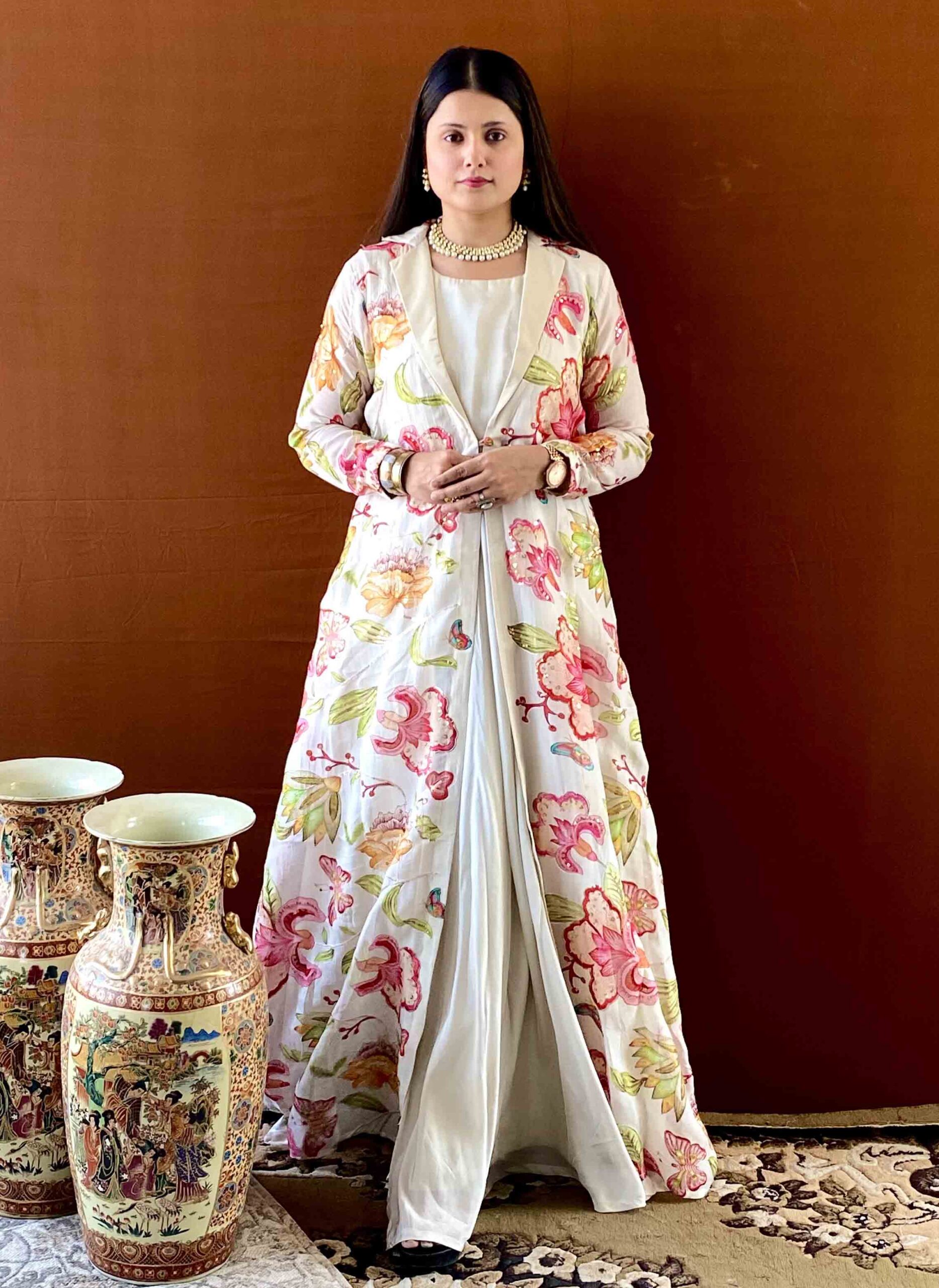 anvi ethnics white habutai gown with floral jacket 4 Ziva White Designer Gown for Women – Ethnic Gown with Jacket by Anvi Ethnics
