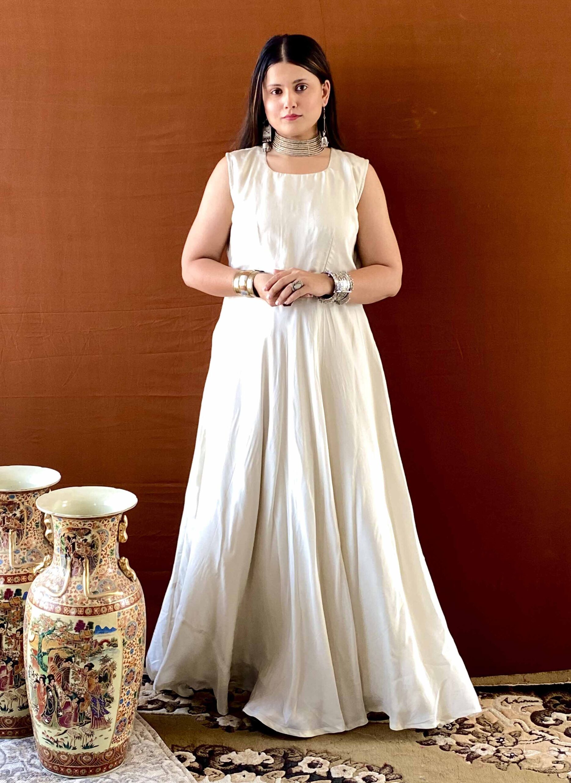 anvi ethnics white habutai gown with floral jacket 5 anvi ethnics white habutai gown with floral jacket 5