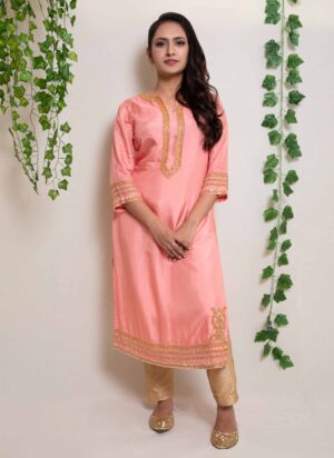 Pink Modal Satin Handwork Kurti