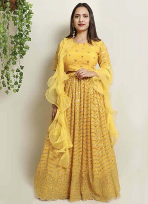 Yellow Georgette Sequin Lehenga Set