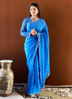 noor blue handwork scallop saree with blouse