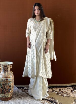 shubhaantar golden designer saree with jacket style blouse