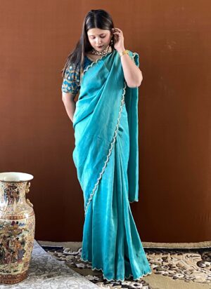 shubhaantar green banarasi tissue scallop handwork saree