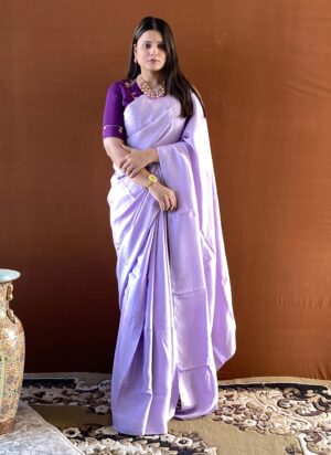 noor lilac habutai plain saree with designer blouse