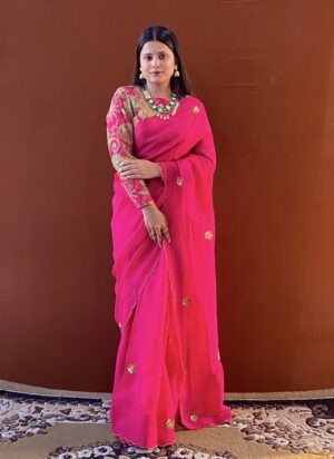 husn pink handwork viscose organza saree with floral blouse