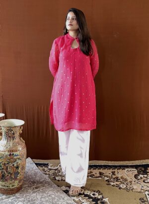 shubhaantar pink georgette organza kurti
