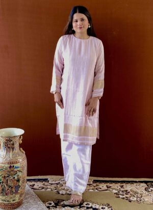 ruh pink striped tissue round neck woven kurti
