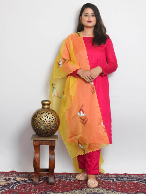 vartika pink cotton silk kurti set with yellow handpainted dupatta