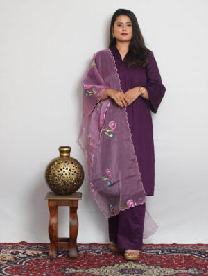 vartika wine cotton silk kurti set with pink handpainted dupatta